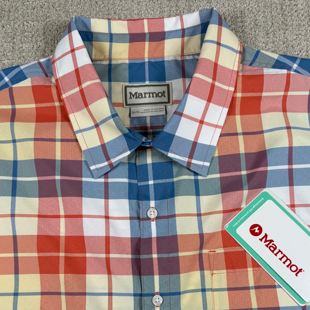 NEW Marmot Men XL Pomelo Wayland Plaid AirExchange UPF40 Novelty Button Up Shirt